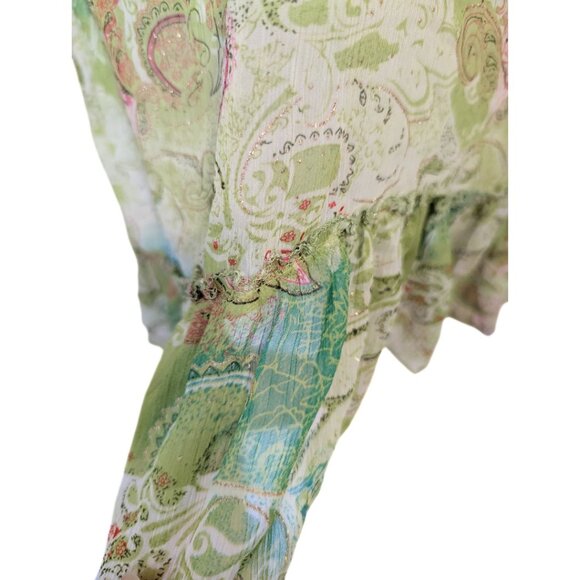 Vintage Y2K Forest Fairy Top Sheer Green Sparkle Paisley Ruffle Mesh Floral XL - Picture 5 of 10